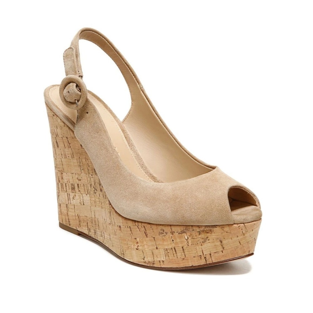Veronica Beard Dali Peep Toe Platform Wedge Sandal Sand Suede Size 7M